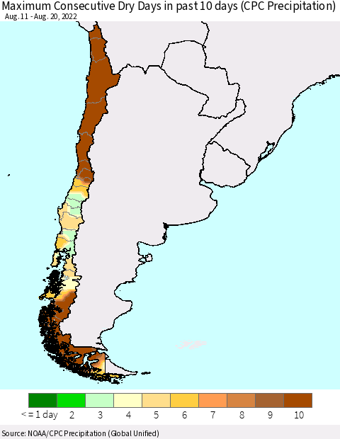 Chile Maximum Consecutive Dry Days in past 10 days (CPC Precipitation) Thematic Map For 8/16/2022 - 8/20/2022