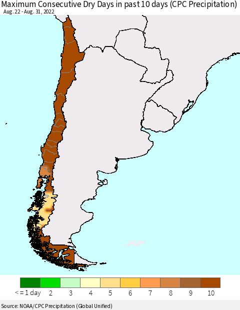 Chile Maximum Consecutive Dry Days in past 10 days (CPC Precipitation) Thematic Map For 8/26/2022 - 8/31/2022