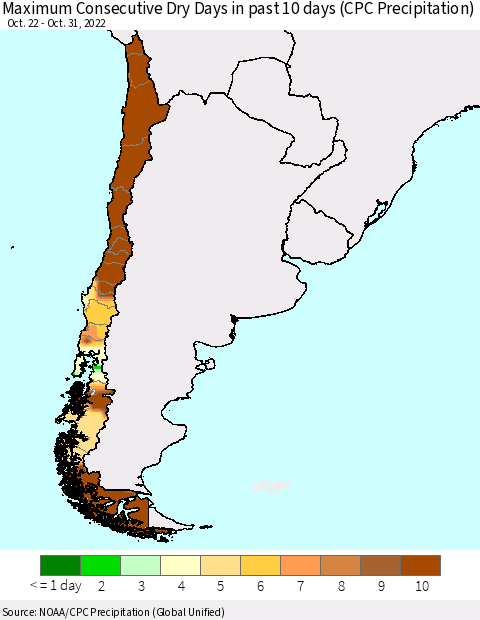 Chile Maximum Consecutive Dry Days in past 10 days (CPC Precipitation) Thematic Map For 10/26/2022 - 10/31/2022