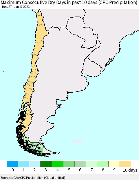 Chile Maximum Consecutive Dry Days in past 10 days (CPC Precipitation) Thematic Map For 1/1/2023 - 1/5/2023