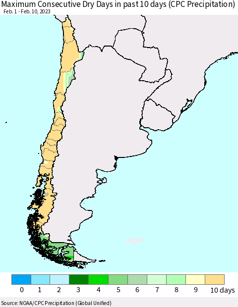 Chile Maximum Consecutive Dry Days in past 10 days (CPC Precipitation) Thematic Map For 2/6/2023 - 2/10/2023