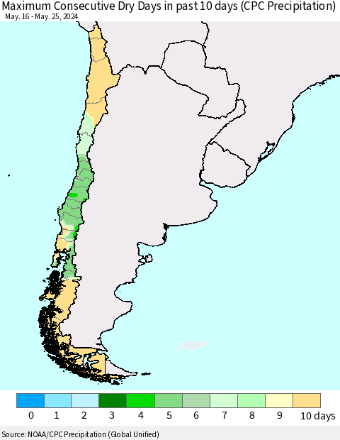 Chile Maximum Consecutive Dry Days in past 10 days (CPC Precipitation) Thematic Map For 5/21/2024 - 5/25/2024