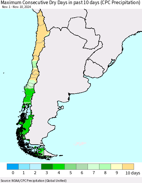 Chile Maximum Consecutive Dry Days in past 10 days (CPC Precipitation) Thematic Map For 11/6/2024 - 11/10/2024