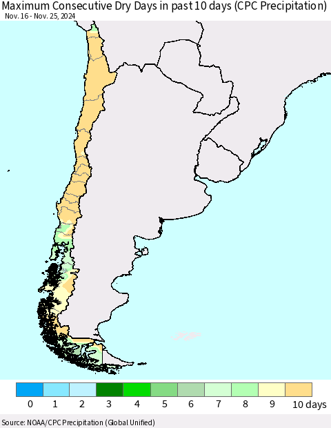 Chile Maximum Consecutive Dry Days in past 10 days (CPC Precipitation) Thematic Map For 11/21/2024 - 11/25/2024