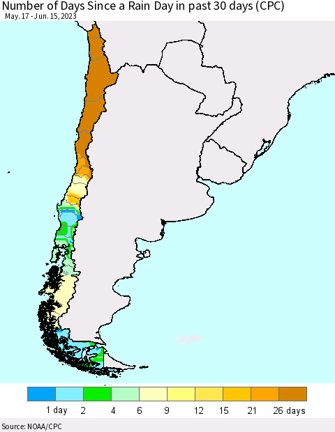 Chile Number of Days Since a Rain Day in past 30 days (CPC) Thematic Map For 6/11/2023 - 6/15/2023