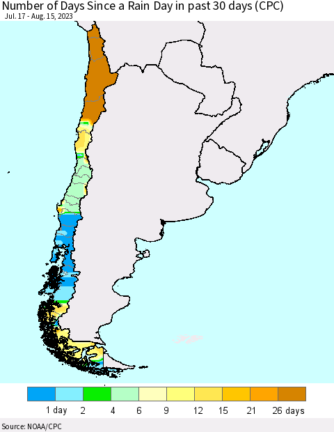 Chile Number of Days Since a Rain Day in past 30 days (CPC) Thematic Map For 8/11/2023 - 8/15/2023