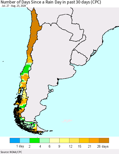 Chile Number of Days Since a Rain Day in past 30 days (CPC) Thematic Map For 8/21/2024 - 8/25/2024