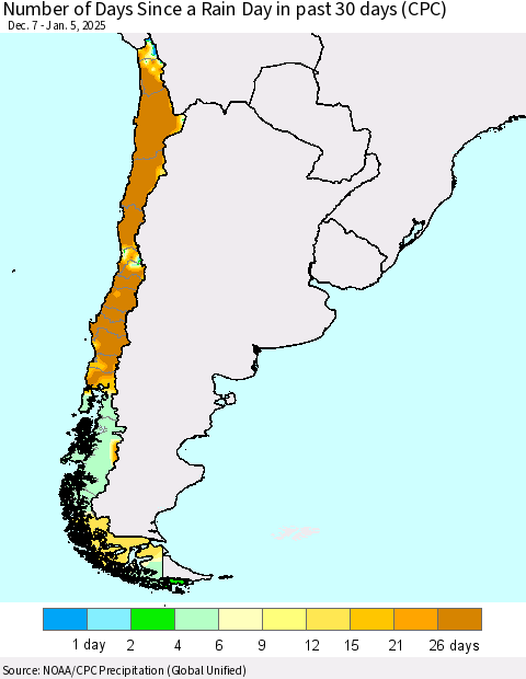 Chile Number of Days Since a Rain Day in past 30 days (CPC) Thematic Map For 1/1/2025 - 1/5/2025