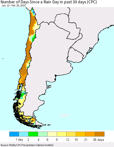 Chile Number of Days Since a Rain Day in past 30 days (CPC) Thematic Map For 2/16/2025 - 2/20/2025