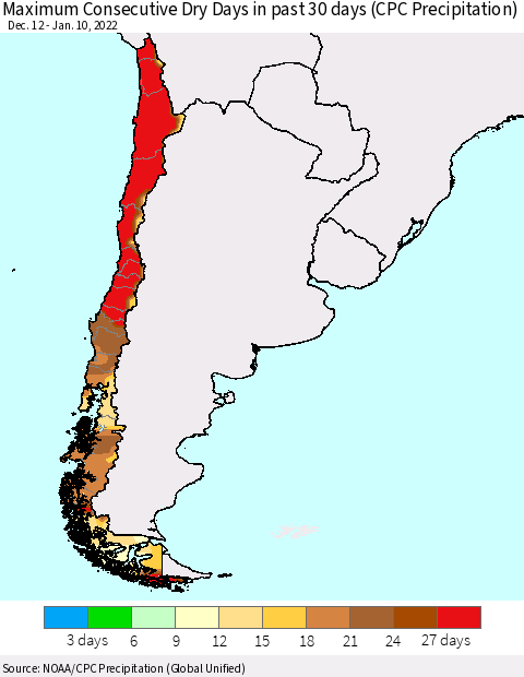 Chile Maximum Consecutive Dry Days in past 30 days (CPC Precipitation) Thematic Map For 1/6/2022 - 1/10/2022