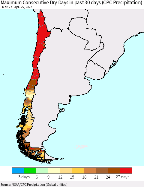 Chile Maximum Consecutive Dry Days in past 30 days (CPC Precipitation) Thematic Map For 4/21/2022 - 4/25/2022