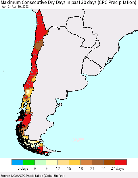 Chile Maximum Consecutive Dry Days in past 30 days (CPC Precipitation) Thematic Map For 4/26/2023 - 4/30/2023