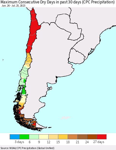 Chile Maximum Consecutive Dry Days in past 30 days (CPC Precipitation) Thematic Map For 7/21/2023 - 7/25/2023