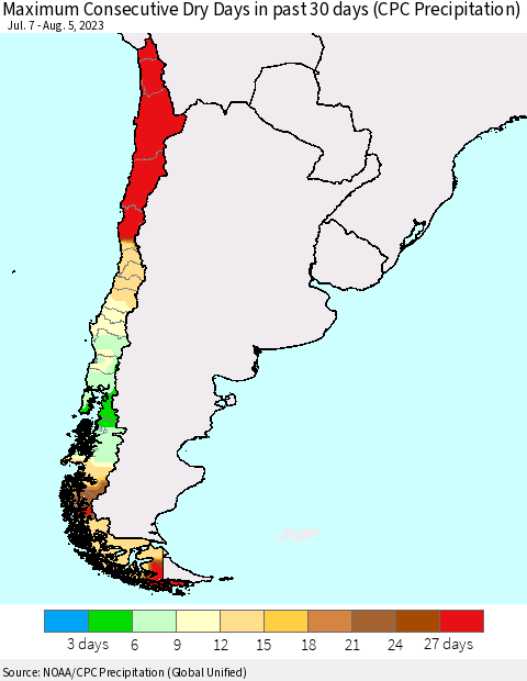 Chile Maximum Consecutive Dry Days in past 30 days (CPC Precipitation) Thematic Map For 8/1/2023 - 8/5/2023