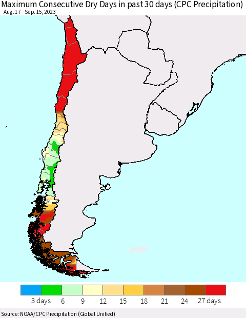 Chile Maximum Consecutive Dry Days in past 30 days (CPC Precipitation) Thematic Map For 9/11/2023 - 9/15/2023