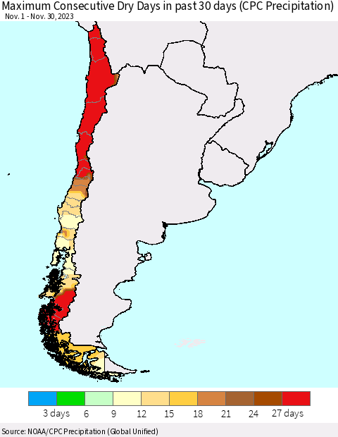 Chile Maximum Consecutive Dry Days in past 30 days (CPC Precipitation) Thematic Map For 11/26/2023 - 11/30/2023
