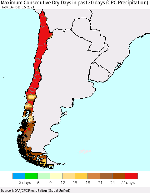 Chile Maximum Consecutive Dry Days in past 30 days (CPC Precipitation) Thematic Map For 12/11/2023 - 12/15/2023