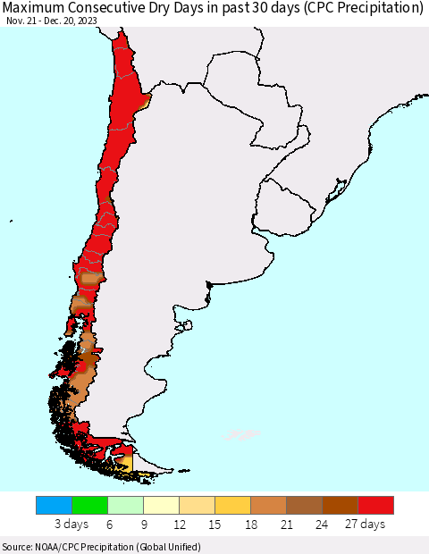 Chile Maximum Consecutive Dry Days in past 30 days (CPC Precipitation) Thematic Map For 12/16/2023 - 12/20/2023
