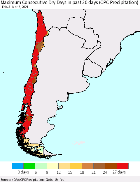Chile Maximum Consecutive Dry Days in past 30 days (CPC Precipitation) Thematic Map For 3/1/2024 - 3/5/2024