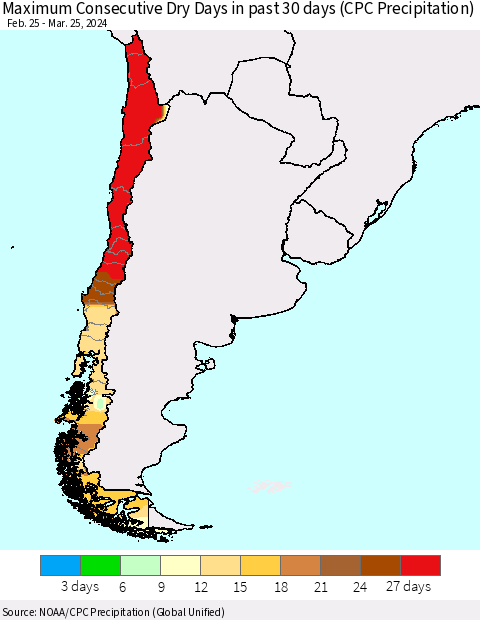 Chile Maximum Consecutive Dry Days in past 30 days (CPC Precipitation) Thematic Map For 3/21/2024 - 3/25/2024