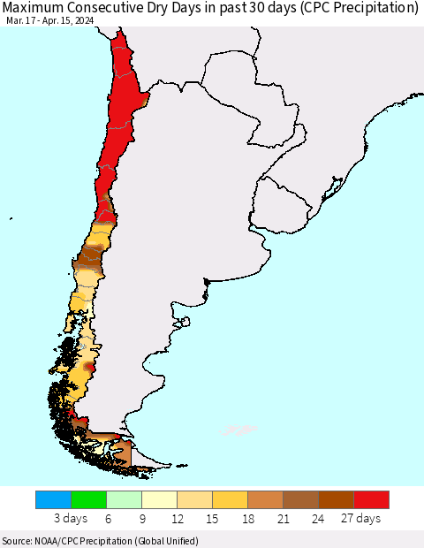 Chile Maximum Consecutive Dry Days in past 30 days (CPC Precipitation) Thematic Map For 4/11/2024 - 4/15/2024