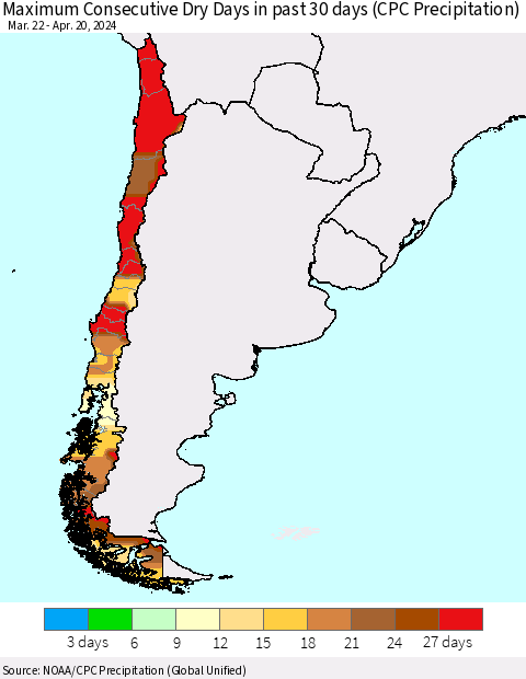 Chile Maximum Consecutive Dry Days in past 30 days (CPC Precipitation) Thematic Map For 4/16/2024 - 4/20/2024