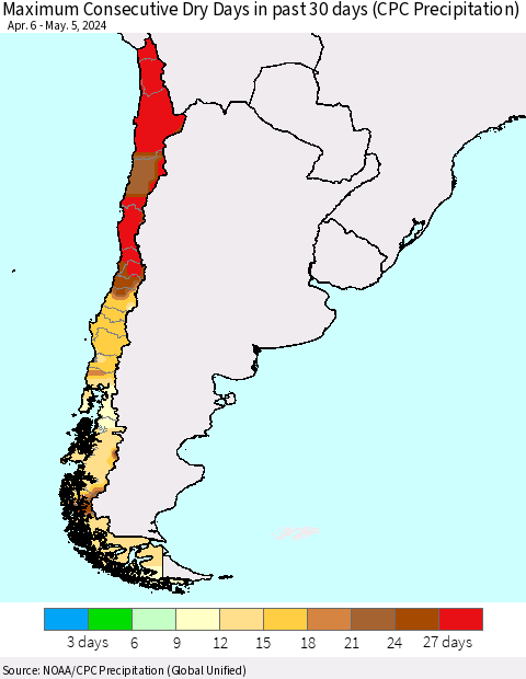 Chile Maximum Consecutive Dry Days in past 30 days (CPC Precipitation) Thematic Map For 5/1/2024 - 5/5/2024