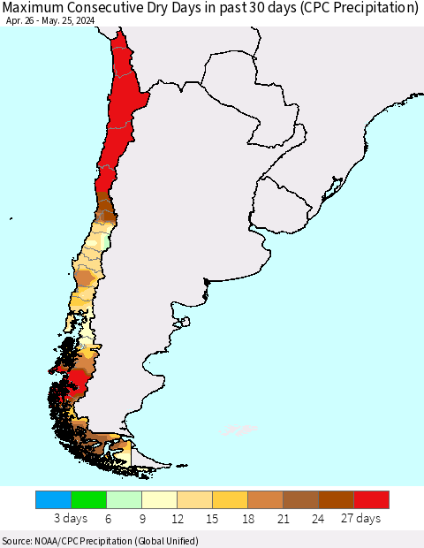 Chile Maximum Consecutive Dry Days in past 30 days (CPC Precipitation) Thematic Map For 5/21/2024 - 5/25/2024