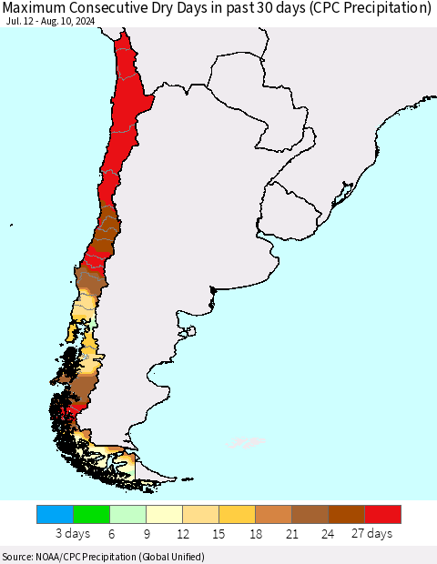 Chile Maximum Consecutive Dry Days in past 30 days (CPC Precipitation) Thematic Map For 8/6/2024 - 8/10/2024