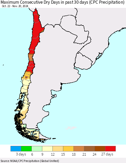 Chile Maximum Consecutive Dry Days in past 30 days (CPC Precipitation) Thematic Map For 11/16/2024 - 11/20/2024
