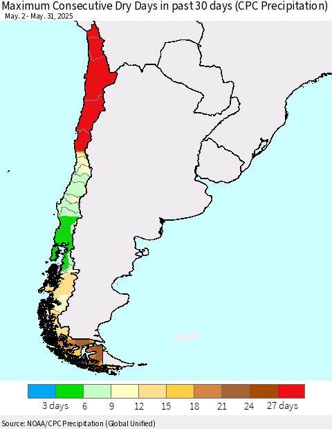 Chile Maximum Consecutive Dry Days in past 30 days (CPC Precipitation) Thematic Map For 5/26/2025 - 5/31/2025