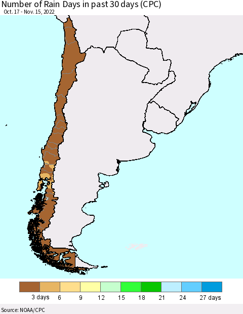 Chile Number of Rain Days in past 30 days (CPC) Thematic Map For 11/11/2022 - 11/15/2022