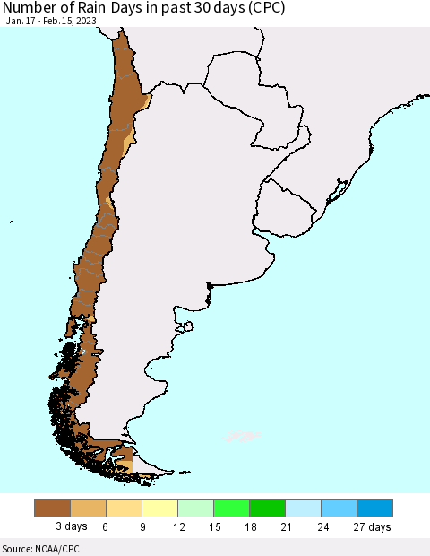 Chile Number of Rain Days in past 30 days (CPC) Thematic Map For 2/11/2023 - 2/15/2023