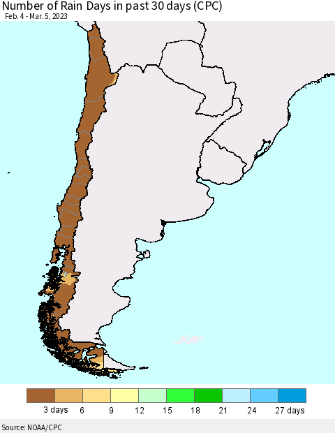 Chile Number of Rain Days in past 30 days (CPC) Thematic Map For 3/1/2023 - 3/5/2023
