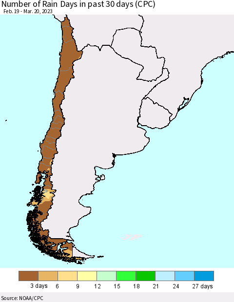 Chile Number of Rain Days in past 30 days (CPC) Thematic Map For 3/16/2023 - 3/20/2023