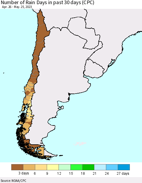 Chile Number of Rain Days in past 30 days (CPC) Thematic Map For 5/21/2023 - 5/25/2023