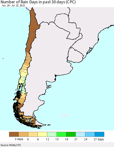 Chile Number of Rain Days in past 30 days (CPC) Thematic Map For 7/21/2023 - 7/25/2023