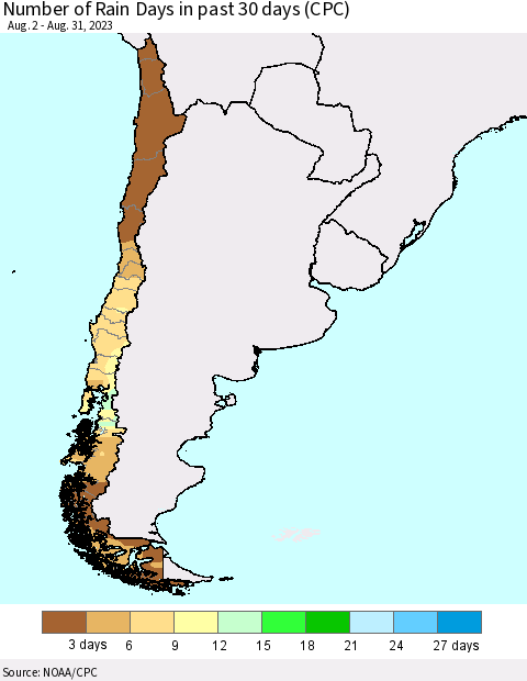Chile Number of Rain Days in past 30 days (CPC) Thematic Map For 8/26/2023 - 8/31/2023