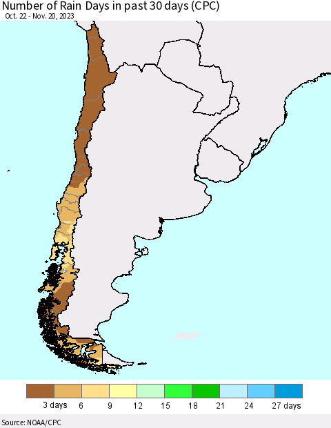 Chile Number of Rain Days in past 30 days (CPC) Thematic Map For 11/16/2023 - 11/20/2023