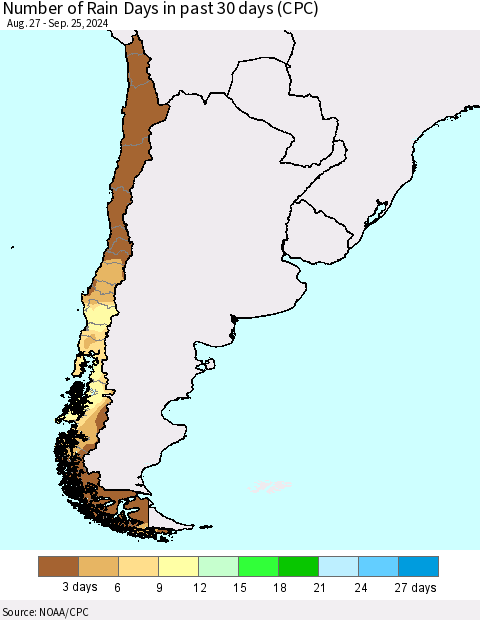 Chile Number of Rain Days in past 30 days (CPC) Thematic Map For 9/21/2024 - 9/25/2024