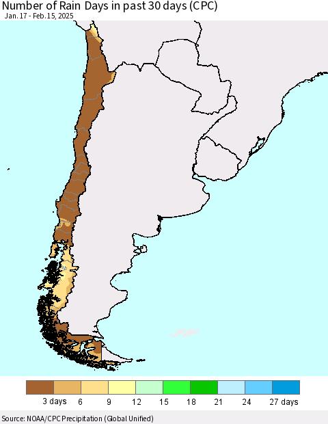 Chile Number of Rain Days in past 30 days (CPC) Thematic Map For 2/11/2025 - 2/15/2025