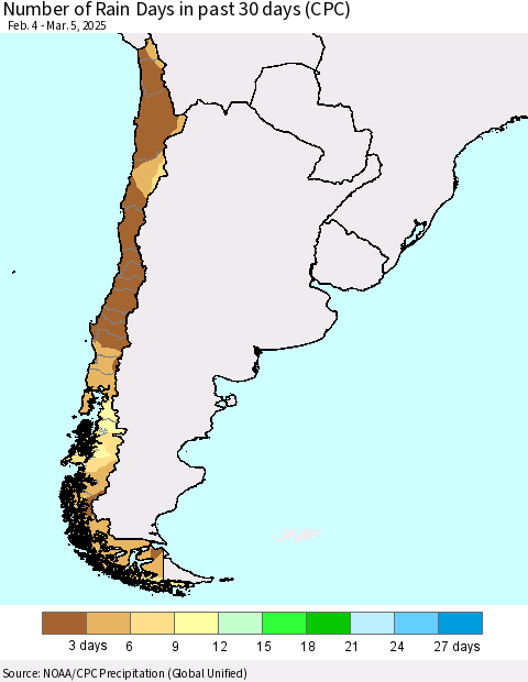 Chile Number of Rain Days in past 30 days (CPC) Thematic Map For 3/1/2025 - 3/5/2025