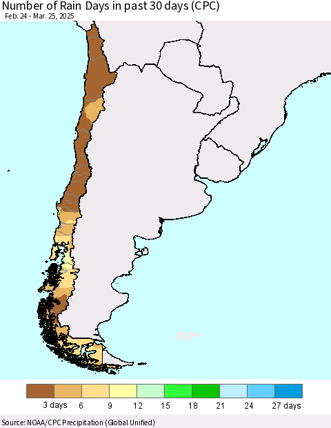 Chile Number of Rain Days in past 30 days (CPC) Thematic Map For 3/21/2025 - 3/25/2025