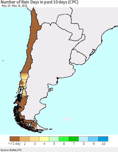Chile Number of Rain Days in past 10 days (CPC) Thematic Map For 5/26/2022 - 5/31/2022