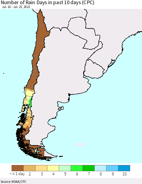 Chile Number of Rain Days in past 10 days (CPC) Thematic Map For 7/21/2022 - 7/25/2022
