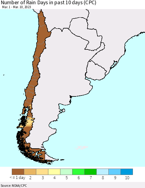 Chile Number of Rain Days in past 10 days (CPC) Thematic Map For 3/6/2023 - 3/10/2023