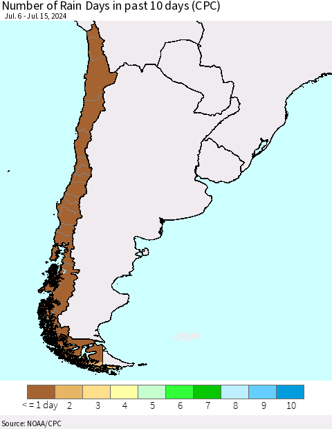 Chile Number of Rain Days in past 10 days (CPC) Thematic Map For 7/11/2024 - 7/15/2024