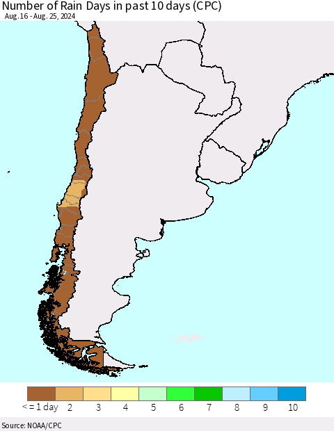 Chile Number of Rain Days in past 10 days (CPC) Thematic Map For 8/21/2024 - 8/25/2024