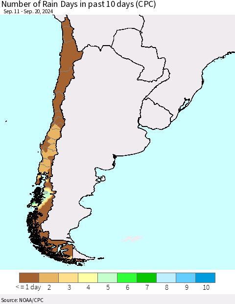 Chile Number of Rain Days in past 10 days (CPC) Thematic Map For 9/16/2024 - 9/20/2024