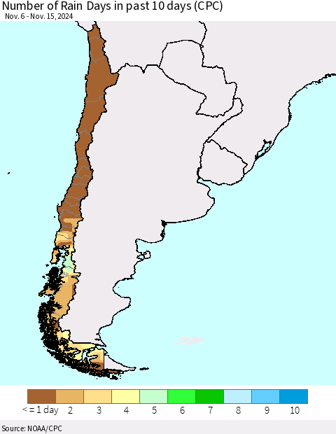Chile Number of Rain Days in past 10 days (CPC) Thematic Map For 11/11/2024 - 11/15/2024